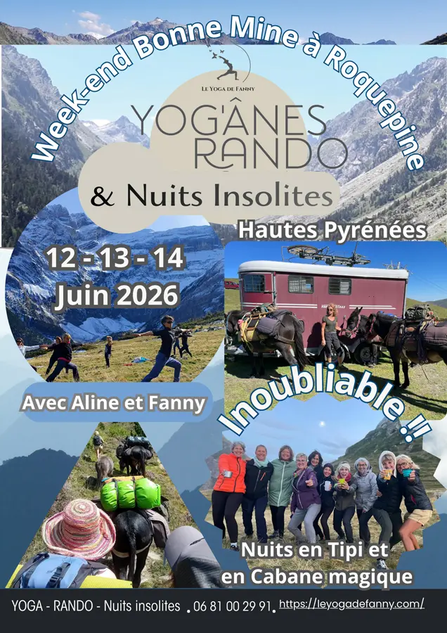 Visuel illustrant le week-end yoga et rando dans les Pyrénées en juin 2026